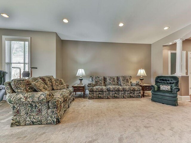 535 Crested Hawk Rdg, Canton, GA 30114 - living room featuring recessed lighting, carpet flooring, and decorative columns
