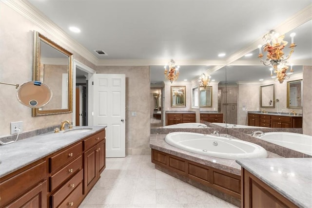 full bathroom featuring visible vents, ornamental molding, a stall shower, a sink, and a bath