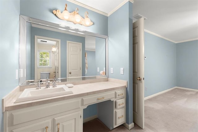 bathroom featuring visible vents, ornamental molding, vanity, and baseboards