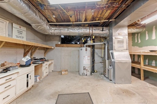 unfinished below grade area with gas water heater and heating unit