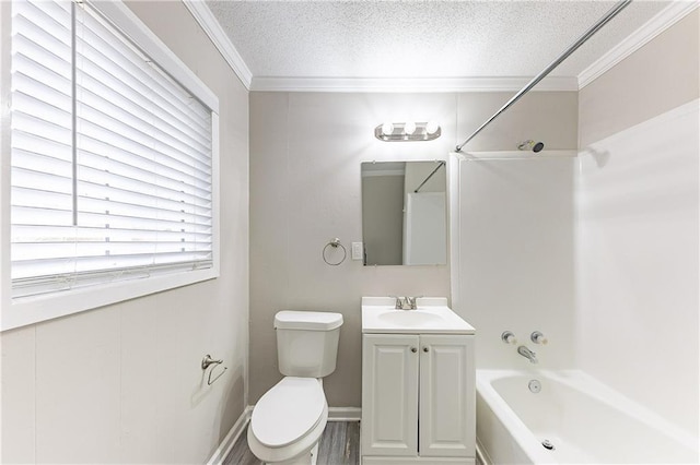 full bath with vanity, a textured ceiling, shower / bath combination, and ornamental molding