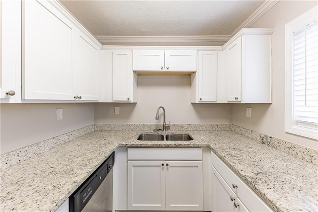 kitchen featuring ornamental molding, a sink, stainless steel dishwasher, a textured ceiling, and white cabinets