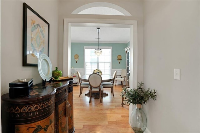 125 Rabbits Run, Fayetteville, GA 30215 - hallway with ornamental molding, light wood-style flooring, and a wainscoted wall