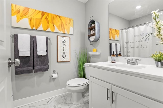 full bath featuring marble look tile flooring, toilet, baseboards, vanity, and curtained shower