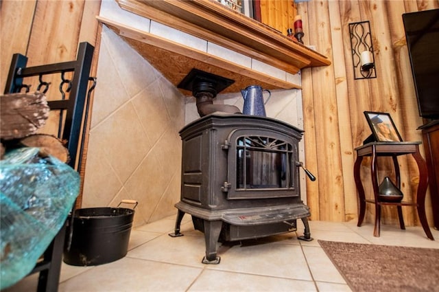 interior details featuring a wood stove