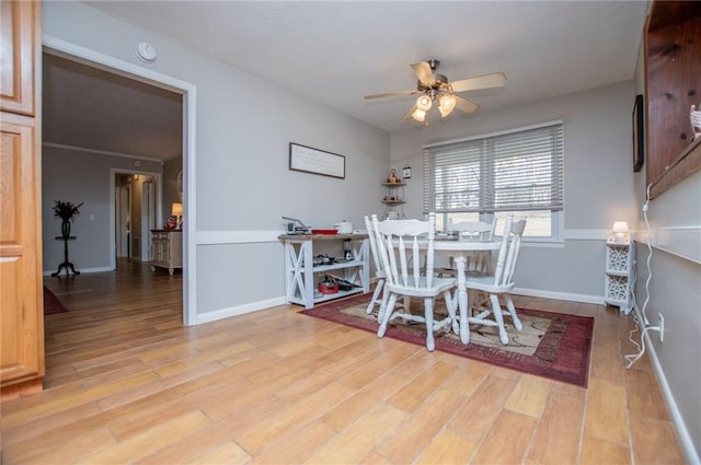 dining room featuring ceiling fan and light wood-type flooring