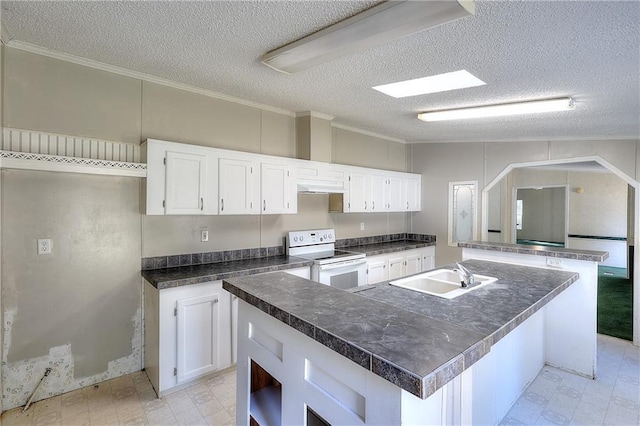 kitchen featuring white range with electric cooktop, white cabinetry, a textured ceiling, and sink