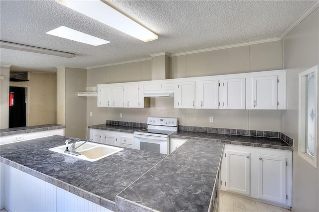 kitchen featuring white cabinets, a textured ceiling, white electric range, and sink