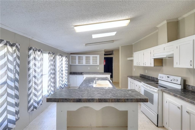 kitchen with a kitchen island, electric range, a textured ceiling, and white cabinetry