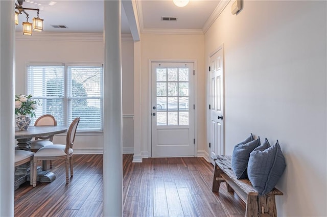 doorway to outside featuring crown molding, a wealth of natural light, and dark hardwood / wood-style floors