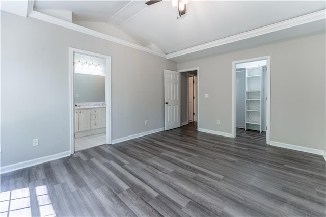 unfurnished bedroom with lofted ceiling, a spacious closet, baseboards, and wood finished floors