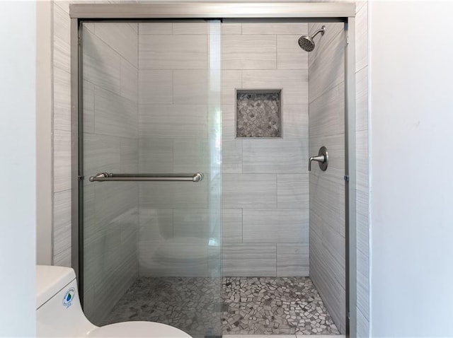 full bathroom featuring toilet and a stall shower