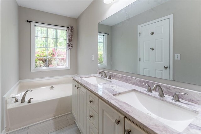 full bathroom featuring a bath, a sink, and double vanity