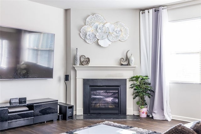 living room with dark hardwood / wood-style flooring and a wealth of natural light