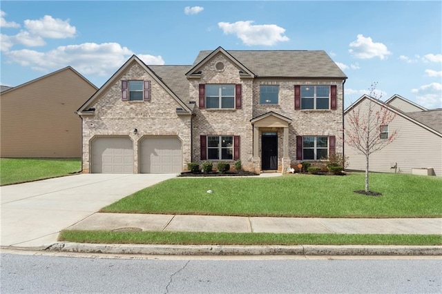 view of front of home with brick siding, concrete driveway, and a front lawn