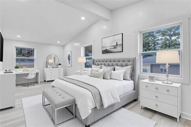 bedroom featuring lofted ceiling with beams, baseboards, light wood-style flooring, and recessed lighting