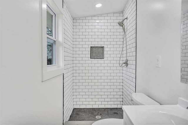 bathroom with toilet and a stall shower