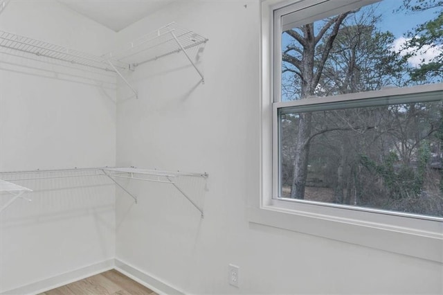 walk in closet with wood finished floors