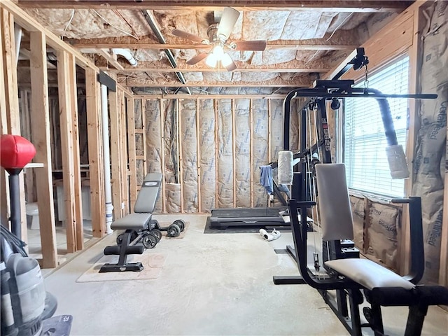 workout area with ceiling fan