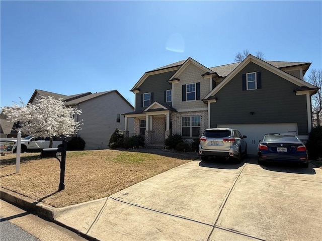 view of front of property featuring brick siding, concrete driveway, and an attached garage