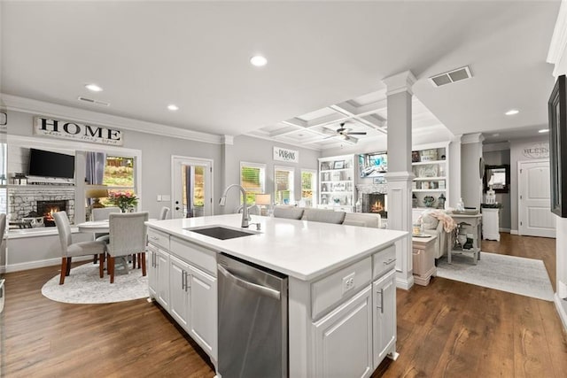 2213 Independence Ln, Buford, GA 30519 - kitchen featuring a fireplace, dishwasher, open floor plan, a ceiling fan, and recessed lighting