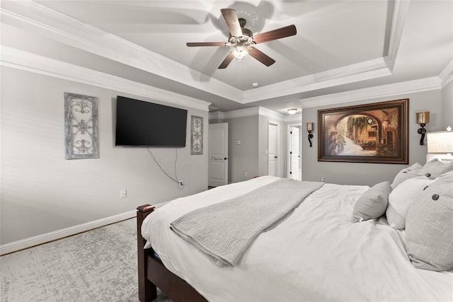 2213 Independence Ln, Buford, GA 30519 - carpeted bedroom featuring a raised ceiling, crown molding, and a ceiling fan