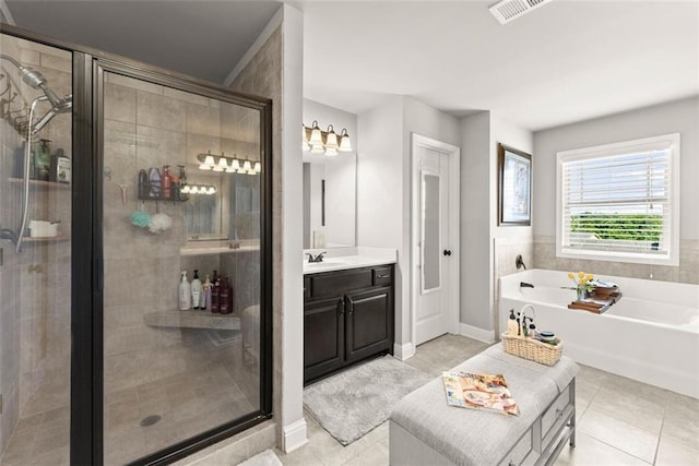 2213 Independence Ln, Buford, GA 30519 - bathroom featuring tile patterned floors, a stall shower, vanity, and a bath