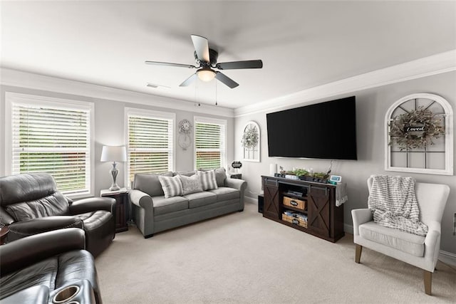 2213 Independence Ln, Buford, GA 30519 - living area with crown molding, light colored carpet, and ceiling fan