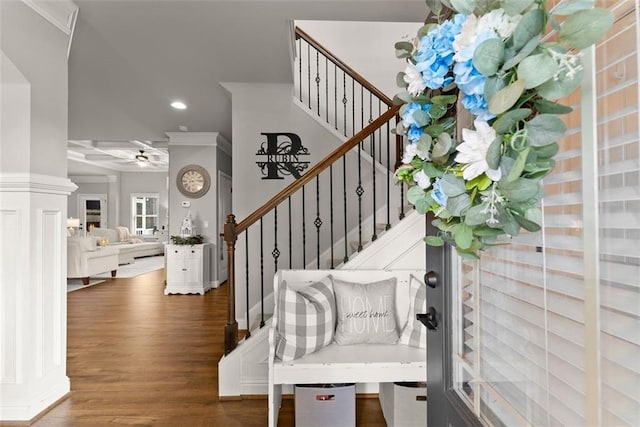 2213 Independence Ln, Buford, GA 30519 - stairway with ceiling fan, wood finished floors, recessed lighting, and ornamental molding