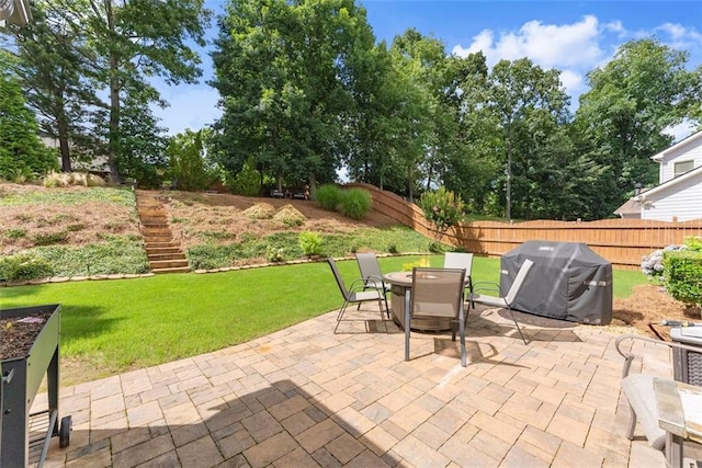 2213 Independence Ln, Buford, GA 30519 - view of patio / terrace with a grill, outdoor dining area, and stairs