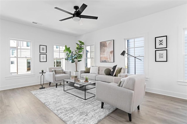 living room featuring light wood-style floors, visible vents, baseboards, and ceiling fan