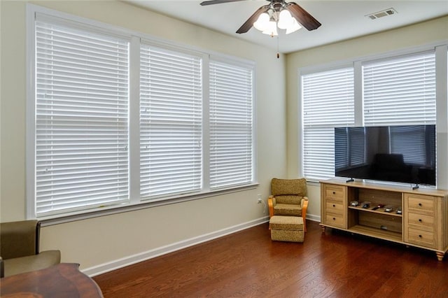 living area featuring a wealth of natural light, dark hardwood / wood-style floors, and ceiling fan