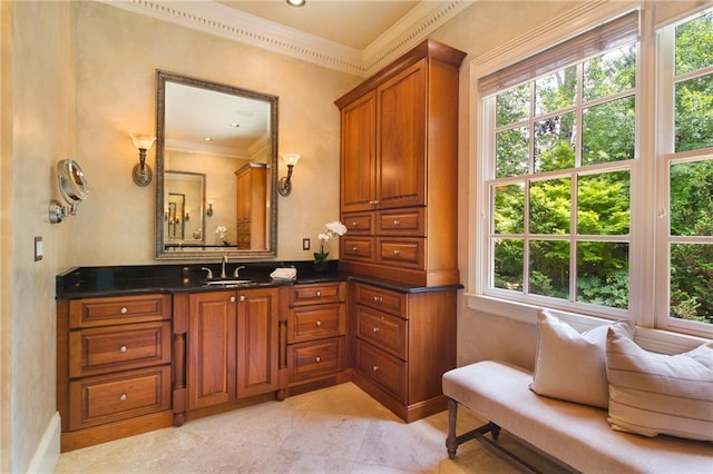 bathroom featuring tile flooring, ornamental molding, vanity, and a healthy amount of sunlight