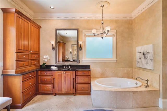 bathroom with tile floors, tiled bath, vanity, a chandelier, and ornamental molding