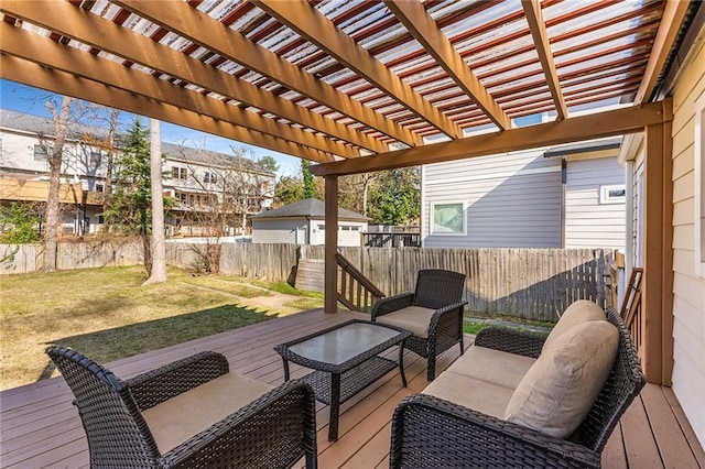 deck with a lawn and a pergola