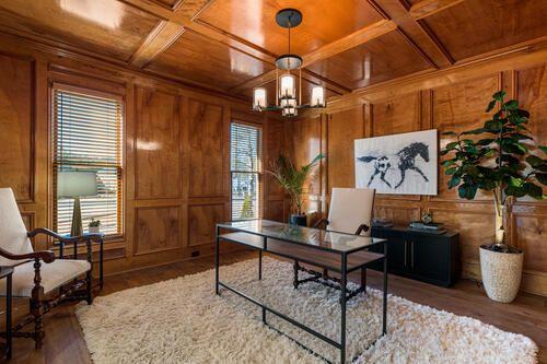 2470 Hopewell Plantation Dr, Alpharetta, GA 30004 - office space with wood ceiling, wood finished floors, wood walls, a chandelier, and coffered ceiling