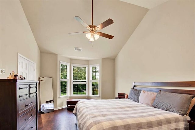 2685 Sardis Chase Ct, Buford, GA 30519 - bedroom featuring vaulted ceiling, dark wood-style floors, baseboards, and a ceiling fan