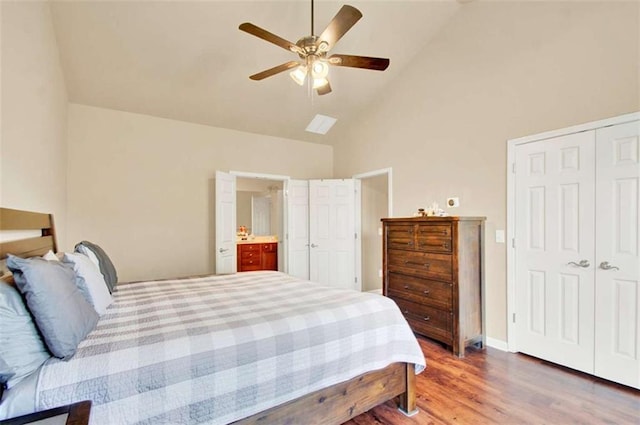 2685 Sardis Chase Ct, Buford, GA 30519 - bedroom featuring wood finished floors, high vaulted ceiling, a closet, ceiling fan, and connected bathroom