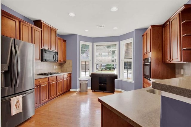 2685 Sardis Chase Ct, Buford, GA 30519 - kitchen featuring black appliances, open shelves, light wood-type flooring, backsplash, and recessed lighting