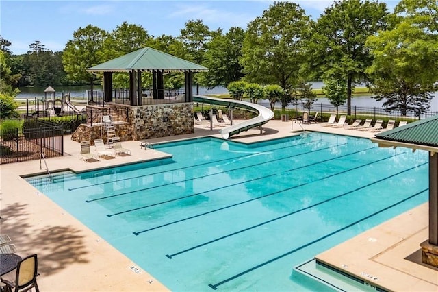7946 Gossamer, Fairburn, GA 30213 - community pool featuring a gazebo, a patio area, a water slide, and a water view