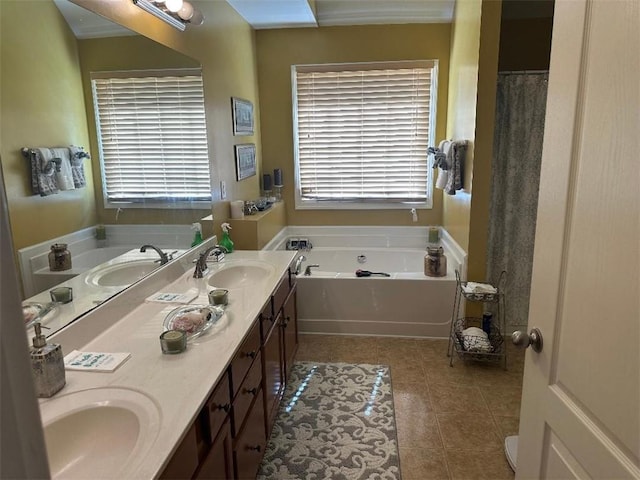 7946 Gossamer, Fairburn, GA 30213 - full bathroom featuring double vanity, a garden tub, and tile patterned floors