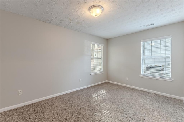 unfurnished room with a textured ceiling and carpet