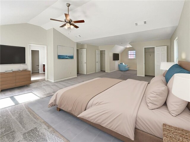 full bathroom with vanity, plus walk in shower, tile patterned flooring, and toilet