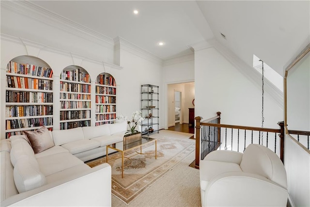 living room featuring crown molding