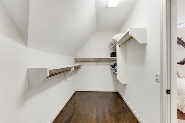 spacious closet with lofted ceiling and dark hardwood / wood-style floors