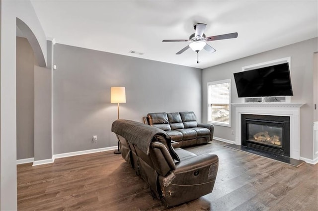 4349 Kousa Rd Unit 4, Austell, GA 30106 - living room with a ceiling fan, wood finished floors, arched walkways, and a glass covered fireplace