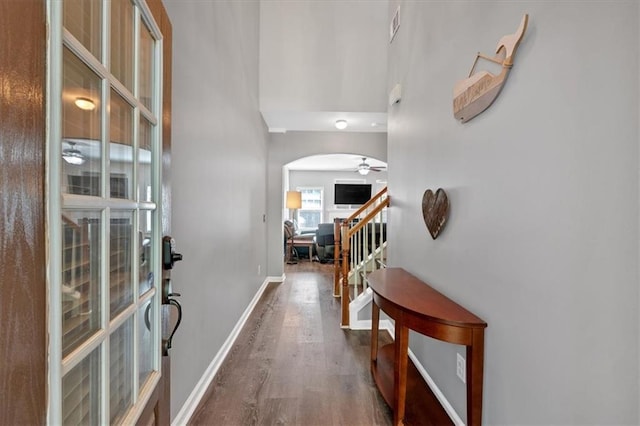 4349 Kousa Rd Unit 4, Austell, GA 30106 - entryway featuring arched walkways, wood finished floors, a ceiling fan, and stairway