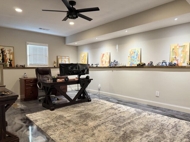 410 Spring Lake Hls, Canton, GA 30114 - office area with baseboards, visible vents, ceiling fan, and recessed lighting