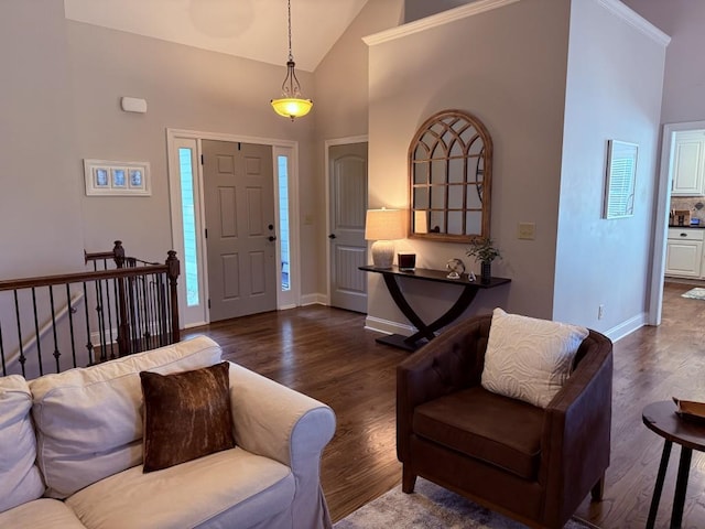 410 Spring Lake Hls, Canton, GA 30114 - foyer entrance featuring dark wood-type flooring, high vaulted ceiling, and baseboards