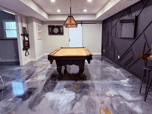 410 Spring Lake Hls, Canton, GA 30114 - rec room featuring a barn door, billiards, a tray ceiling, and baseboards